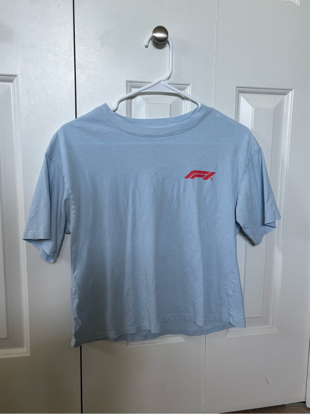 Hybrid Apparel Light Blue Crop Tee with Red Logo